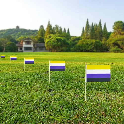 Vista 6 de Newperlite Nonbinary NB Pride Stick - Banderas pequeñas de mano LGBT - Poste de madera maciza y parte superior de lanza, paquete de 12, 5 x 8
