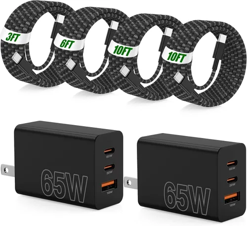 Vista 19 de USB C de carga súper rápida de 65 W para iPhone 17 16 Pro Max, bloque de carga USB C de 3 puertos de 100 W y cable trenzado tipo C de 3/6/6/10 pies