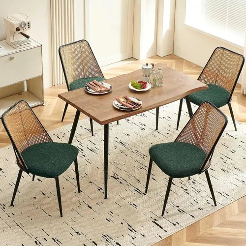 Vista 11 de NORDICANA Dining Table Set for 4, Kitchen Table and 4 Chairs, 5 Pieces Dinette Wood Table with Beige Boucle Chiars, Rattan Backrest