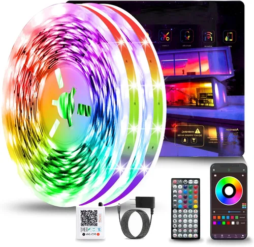 Vista 7 de NBBUFF Luces LED para dormitorio de 50 pies, tira de luces LED RGB con sincronización de música, tira de luz LED que cambia de color con control