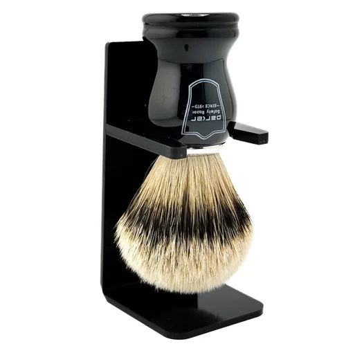 Vista 2 de Parker Safety Razor 's 100% Silvertip - Brocha de afeitar de cerdas de tejón – Soporte para cepillo incluido (mango negro)