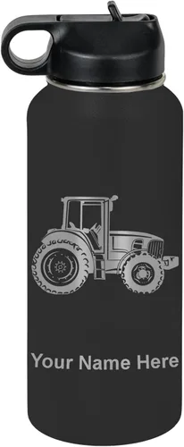 Vista 50 de LaserGram Botella de agua personalizada, tractor agrícola, acero inoxidable de doble pared aislada al vacío con popote superior, regalo grabado