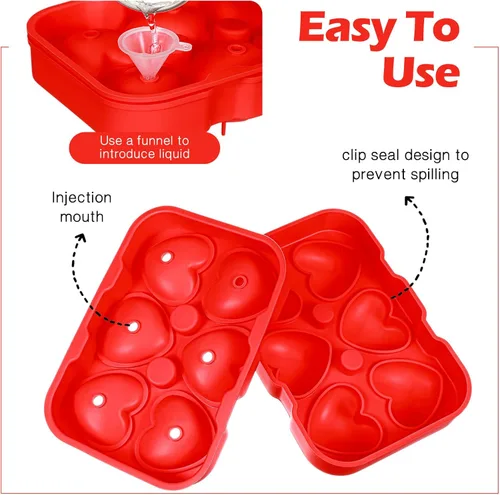 Vista 5 de Domensi 2 moldes grandes de hielo en forma de corazón 3D reutilizables de silicona con 6 formas de corazón para bricolaje, chocolate, dulces, Rojo