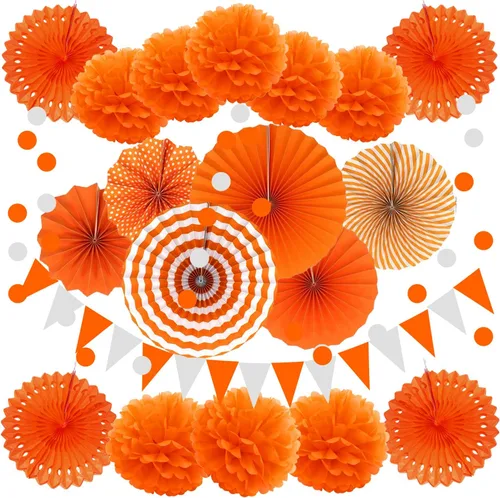 Vista 8 de Zerodeco - Decoración de fiesta, 21 piezas de abanicos de papel, pompones flores, tiras de cuerdas de lunares y banderines triangulares