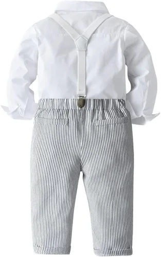 Vista 2 de Camisa a rayas para niños pequeños con corbata de moño + pantalones largos con tirantes