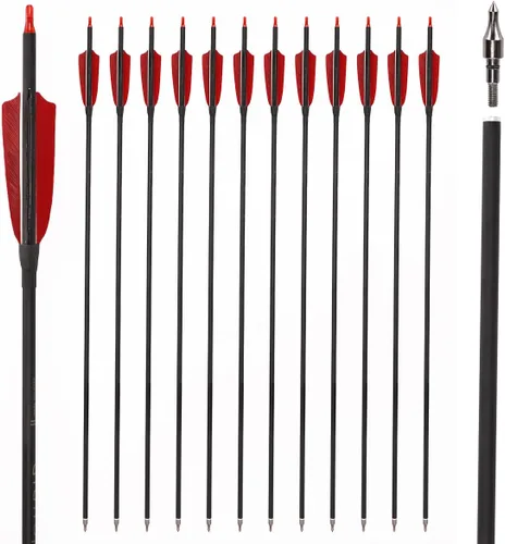 Vista 10 de LWANO Flechas de Carbono de 30" - Flechas de Tiro con Arco para Práctica de Tiro al Blanco y Caza con Plumas de Pavo de 4" Spine 500 para Arco