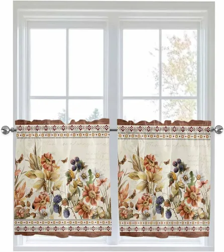 Vista 55 de Cortinas de cocina de Navidad, cenefa semitransparente ajustable con lazo, muñeco de nieve, copo de nieve, bolsillo para barra, tratamiento