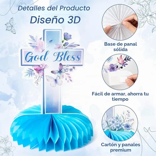 Vista 4 de ANGOLIO 12 centros de mesa de bautismo en forma de panal de abeja, decoración de fiesta de cumpleaños, decoración de verano azul morado con Dios