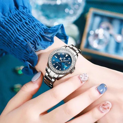 Vista 4 de Relojes OLEVS para Mujer con Diamantes y Fecha, de Lujo, de Cuero, Impermeable, de Pulsera, Reloj Analógico de Vestir, de Acero Inoxidable