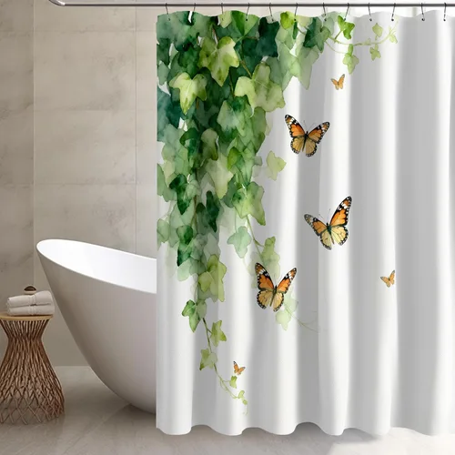 Vista 3 de Cortina de ducha, tela impermeable para baño, cortinas decorativas para baño, hotel (cortina, hoja verde)