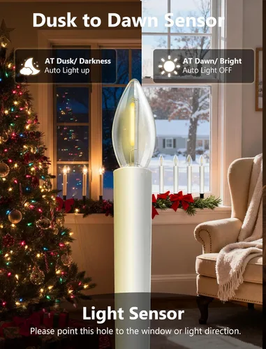 Vista 4 de Velas de ventana eléctricas del atardecer al amanecer con sensor, paquete de 4 enchufes de luces de ventana LED de Navidad con cordón marfil, base