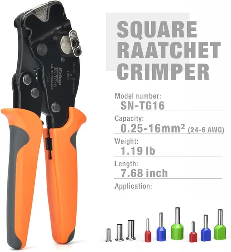 Vista 2 de iCrimp - Engarzadora de trinquete cuadrada para manguitos y virolas AWG 24-6 Ratcheting ferrule crimper for wire end sleeves and terminal block