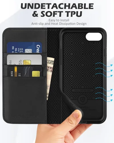 Vista 8 de SHIELDON - Funda tipo cartera de piel auténtica para iPhone SE 2022/SE 2020/8/7, color negro Magnetic Closure, RFID Blocking, Credit Card Holder