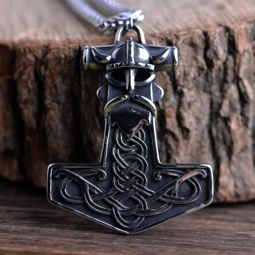 Vista 6 de LANGHONG Collar de martillo de Thor vikingo nórdico Mjolnir para hombre, joyería de talismán