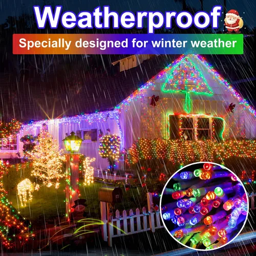 Vista 5 de Luces de Navidad que cambian de color, 98 pies, luces de Navidad para exteriores, 11 modos, impermeables, enchufables, luces parpadeantes