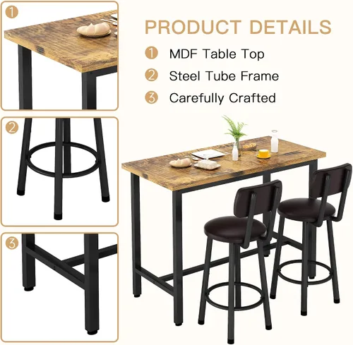 Vista 6 de Juego de mesa de bar y sillas para 2, mesa de bar industrial de madera Marrón rústico