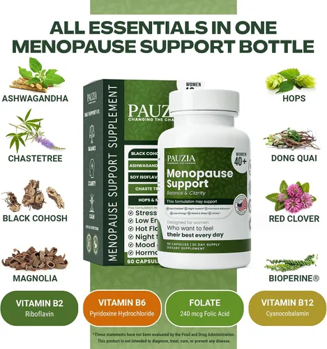 Vista 4 de PAUZIA - Suplementos para la menopausia para mujeres mayores de 40 años, alivio natural de la menopausia con cohosh negro, Ashwagandha, Vitex, apoyo