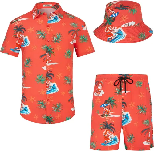 Vista 8 de EISHOPEER Conjunto hawaiano de flores para hombre, camisa de manga corta y pantalones cortos, trajes con sombreros de pescador