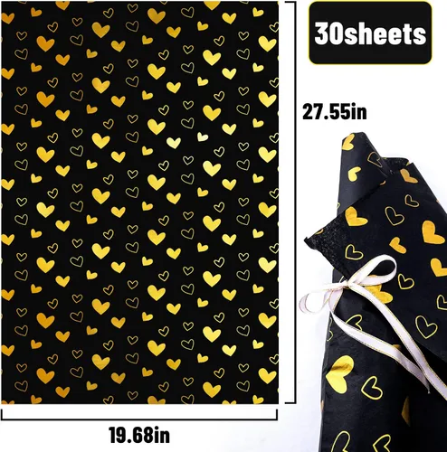 Vista 3 de MR FIVE Papel de seda de corazón negro dorado de gran tamaño, 20 x 28 pulgadas, papel de seda con diseño de corazón negro dorado para bolsas