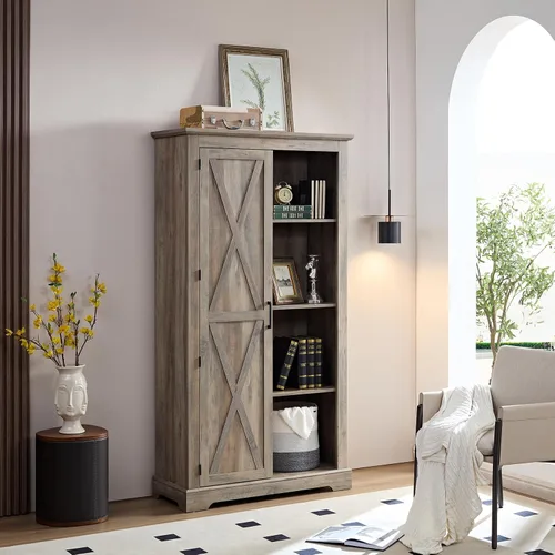 Vista 10 de Armario de almacenamiento alto para bufé, estantería rústica de madera, vitrina de despensa de granja con estantes ajustables, muebles de cocina