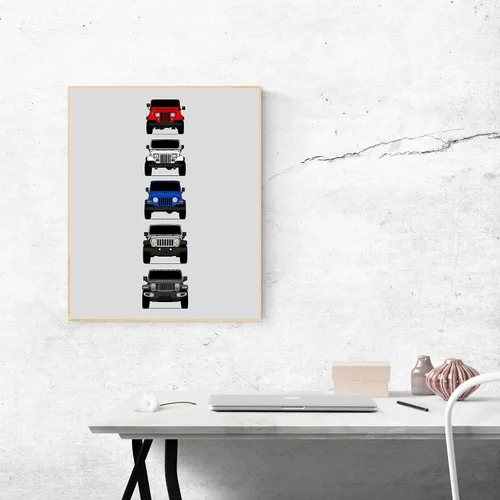 Vista 4 de Custom Car Posters Póster hecho a mano compatible con Jeep Wrangler Generations e impresión de CJ, YJ, TJ, JK, JL, estadounidense, 8 x 10 pulgadas