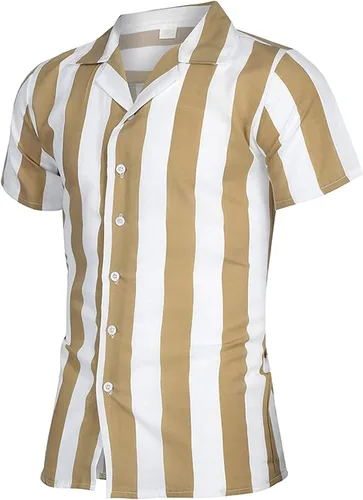 Vista 4 de Camisas de manga corta para hombre, estilo casual, ajustado, a rayas, de algodón, de ajuste regular, para la playa (caqui, talla M), Caqui