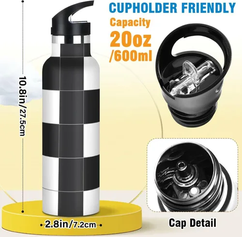 Vista 2 de Botella de agua para niños con patrón a cuadros blancos y negros a prueba de fugas y sin BPA con tapa con popote que mantiene el calor y el frío