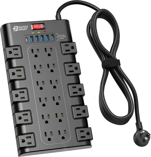 Vista 15 de Regleta de alimentación, SUPERDANNY - Protector contra sobretensiones con 22 tomas de corriente AC y 6 puertos de carga USB, 1875 W/15 A, 2100