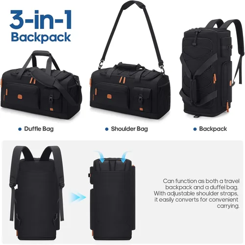 Vista 3 de Bolsa de gimnasio para hombres y mujeres con compartimento para zapatos y laptop, bolsa de viaje deportiva 3 en 1, mochila antirrobo para avión