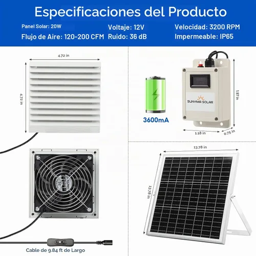 Vista 2 de Kit de ventilador solar de 20 W con batería