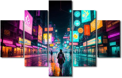 Vista 51 de Póster de 5 paneles en lienzo para decoración de pared, diseño de centro urbano Cyberpunk, impresión moderna, decoración de pared para el hogar