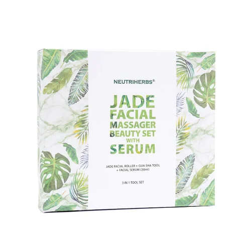 Vista 2 de NEUTRIHERBS Jade Gua Sha y rodillo facial y suero de vitamina C Set de herramientas faciales (kit 3 en 1), masajeador facial casero para arrugas