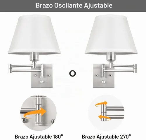 Vista 7 de TRLIFE Aplique de pared enchufable, juego de 2 lámparas de pared regulables con brazo oscilante de níquel cepillado, cable de enchufe y interruptor