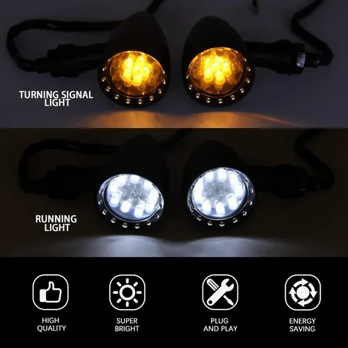 Vista 3 de DREAMIZER - Luces de señal de giro para motocicleta, color negro, 15 LEDs, diseño de bala, luces indicadoras delanteras y traseras, luz blanca y Luz