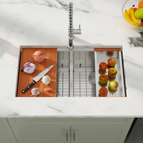 Vista 2 de Dcolora DC-U-1111 - Fregadero de cocina de 33 pulgadas con doble tazón, estación de trabajo de acero inoxidable 50/50 dividida baja dividida calibre