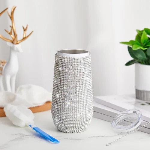 Vista 4 de Tessco Vasos Tumbler con Pedrería Brillante con Pajita Botella de Agua con Purpurina Tumbler de Pajita de Acero Inoxidable Vaso Aislado con Pedrería