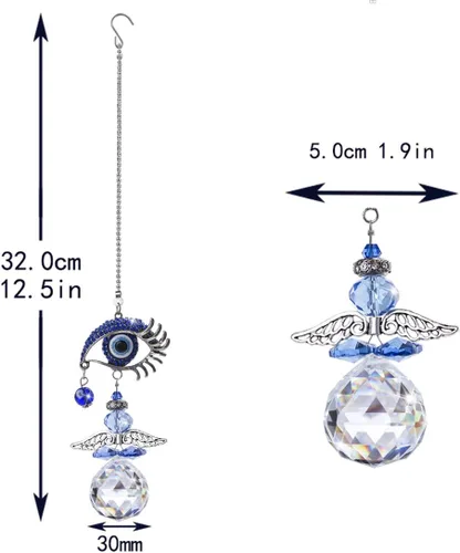 Vista 6 de YU FENG Atrapasoles de ángel de cristal colgante de 12.5 pulgadas y 20 pulgadas de ojo malvado azul colgante de cristales atrapasoles con chakras