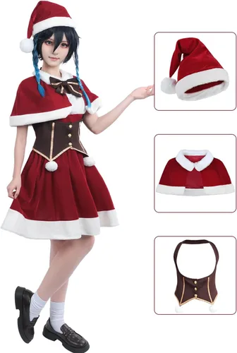 Vista 6 de FCCAM Disfraz de Papá Noel para mujer, Genshin Impact Venti, cosplay, disfraz de Navidad rojo con sombrero