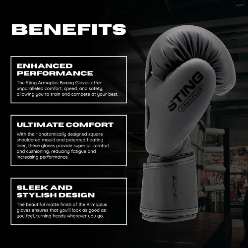 Vista 5 de Guantes de boxeo STING Armaplus Material exterior T3, sistema de revestimiento flotante, relleno de núcleo Hi Flow, correa de soporte de muñeca