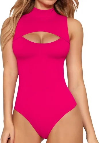 Vista 23 de MANGOPOP - Body de cuello alto con recorte frontal para mujer, manga larga, sin mangas, cuello de tortuga, trajes sexys 01 Manga larga negra