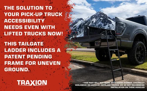 Vista 6 de TRAXION Nueva Escalera de Portón Trasero XL para Todas las Camionetas, Incluyendo Camiones Elevadores hasta 50" de Portón con Marco Articulado