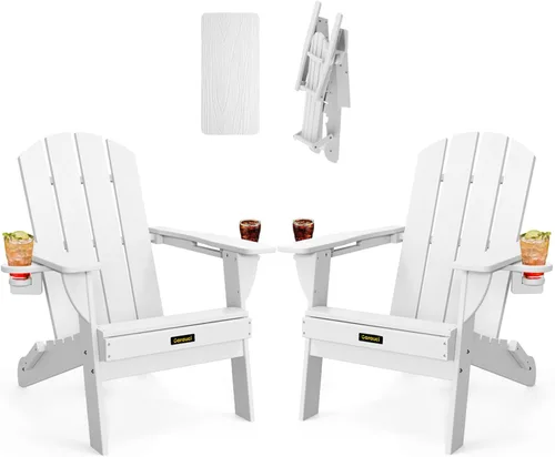 Vista 34 de Silla Adirondack Plegable, Sillas Adirondack de Plástico con Textura de Madera con 2 Portavasos, Silla para Hoguera de HDPE Resistente a