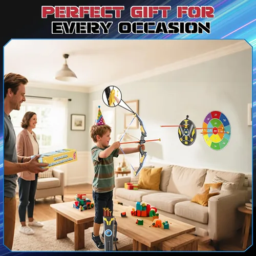 Vista 3 de Juego de arco y flecha para niños con luz LED, juego de tiro con arco con 10 flechas de ventosa, 2 objetivos de tiro con arco para interiores y Negro