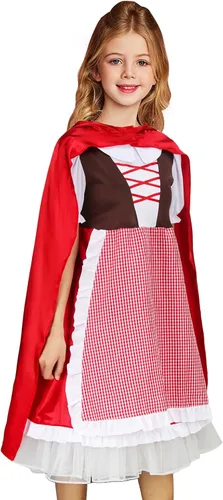 Vista 3 de ZIFUNMUR Little Red Riding Hood Costume Dress Cape Cloak Outfit Girls Kids Halloween Cosplay Party Fancy Dress Up Props