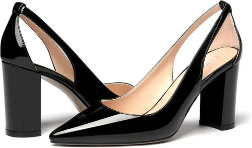 Vista 6 de MERRORI Zapatos de tacón alto grueso para mujer, tacón puntiagudo recortado, zapatos de patente de bloque de 3.3 pulgadas