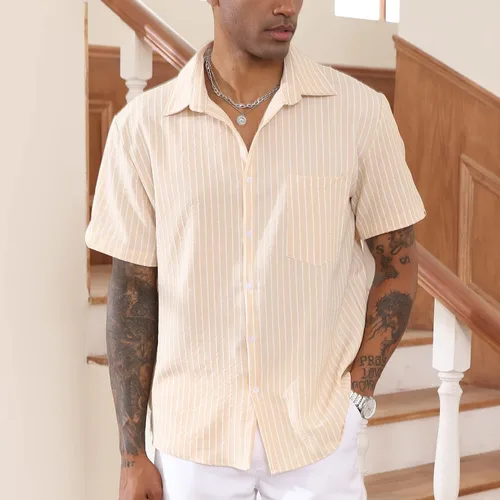 Vista 3 de Camisas casuales de lino con botones y manga corta a rayas para hombre
