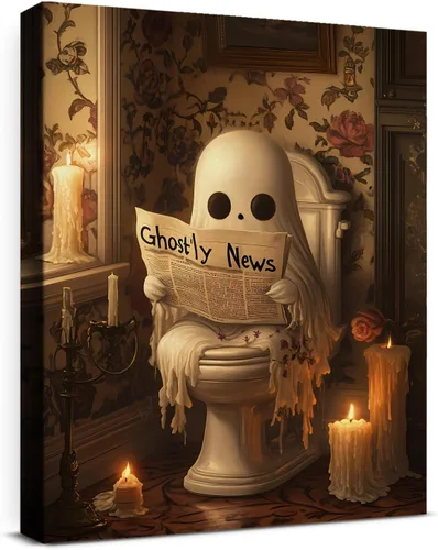 Vista 26 de QPVXSST Arte de Pared Interesante de Fantasma de Halloween para Baño, Póster Impreso en Lienzo de Estilo Gótico, Decoración de Baño con Diseño