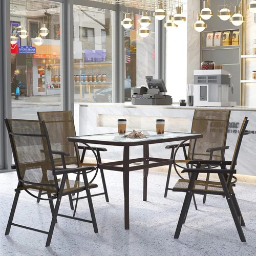 Vista 4 de soges Mesa de café bistró de 47 pulgadas para patio al aire libre, mesa de comedor rectangular con marco de acero templado con agujero