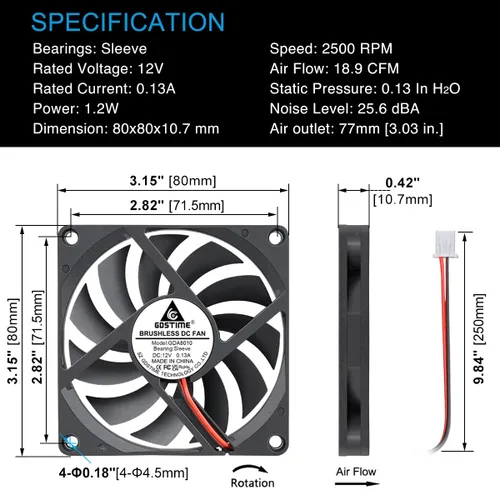 Vista 6 de GDSTIME Ultra delgado 3.150 in x 3.150 in x 0.394 in 12V PC sin escobillas DC ventilador de enfriamiento 2pin para impresora 3D fuente