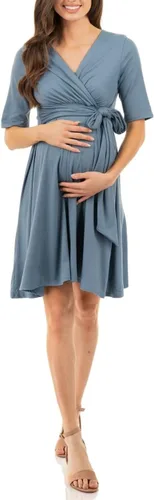 Vista 7 de Mother Bee Maternity - Vestido de maternidad de media manga, diseño cruzado de imitación con lazo frontal Coral
